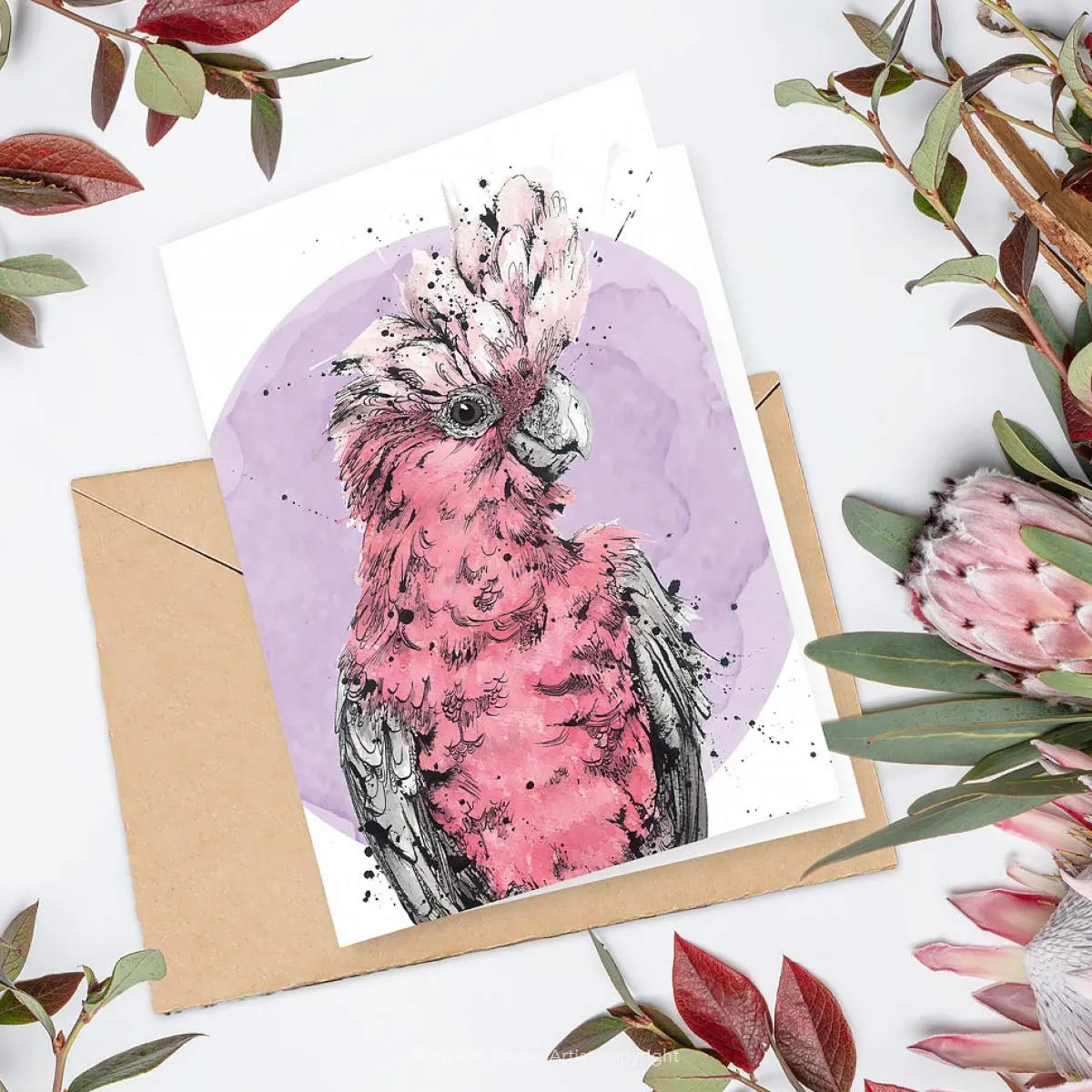 Australian Geographic Accessories|Greeting Cards-Flamin' Galah - Greeting Card by Shannon Dwyer
